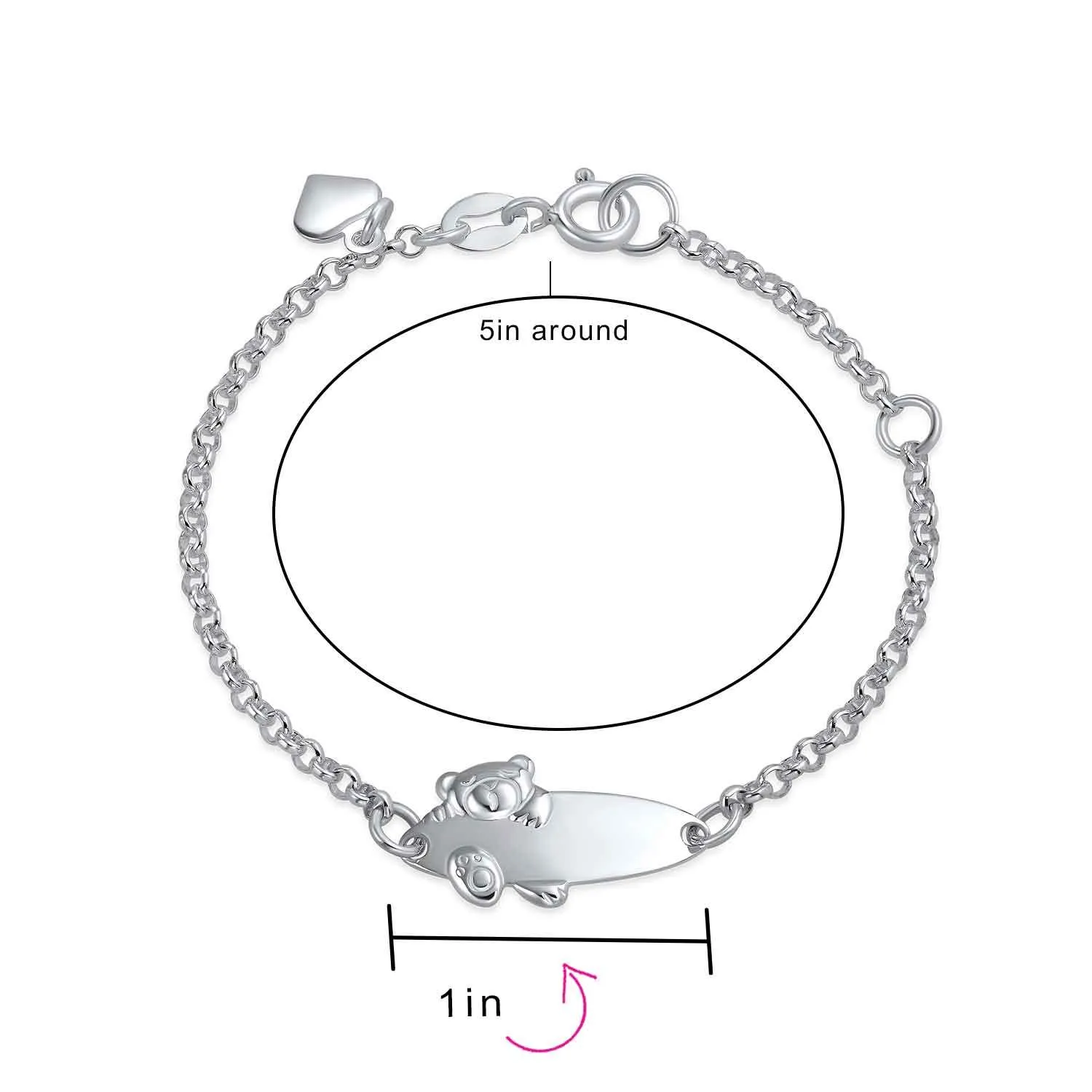 Name Bar Teddy Bear ID Bracelet Silver Sterling for Small Wrists 5-6 Inch Adjustable