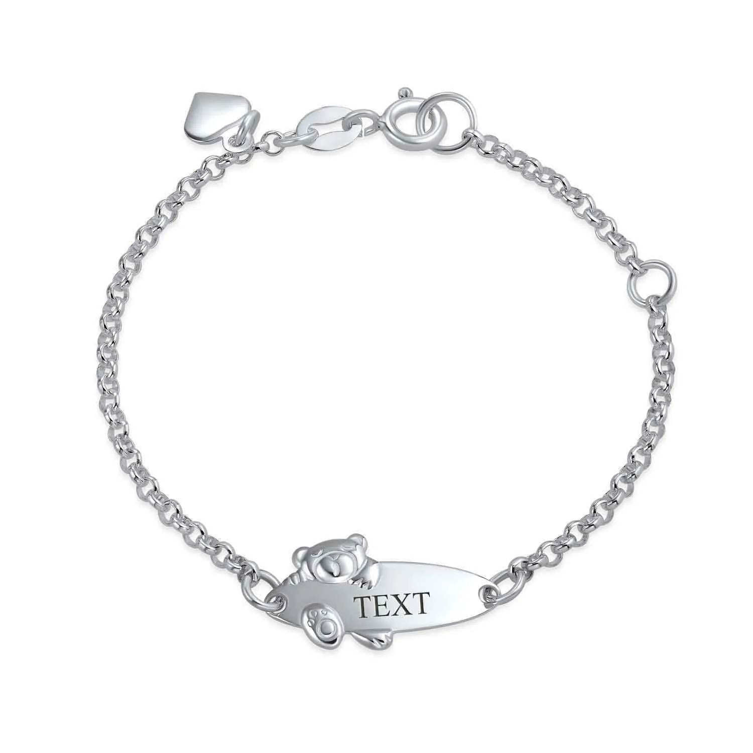 Name Bar Teddy Bear ID Bracelet Silver Sterling for Small Wrists 5-6 Inch Adjustable