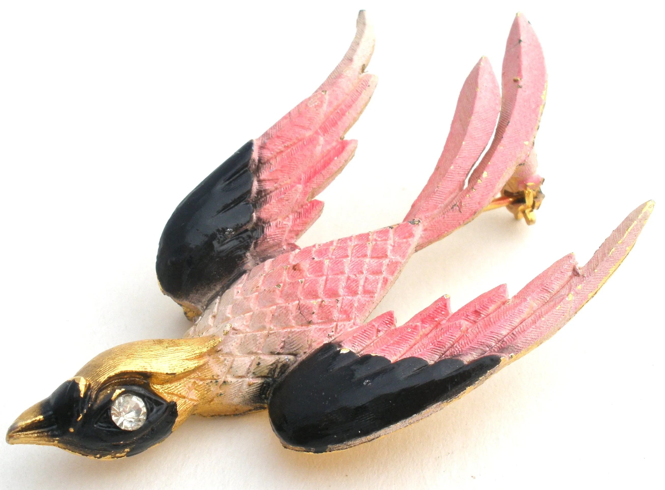 Pink & Black Swallow Bird Brooch Pin by Mamselle Vintage