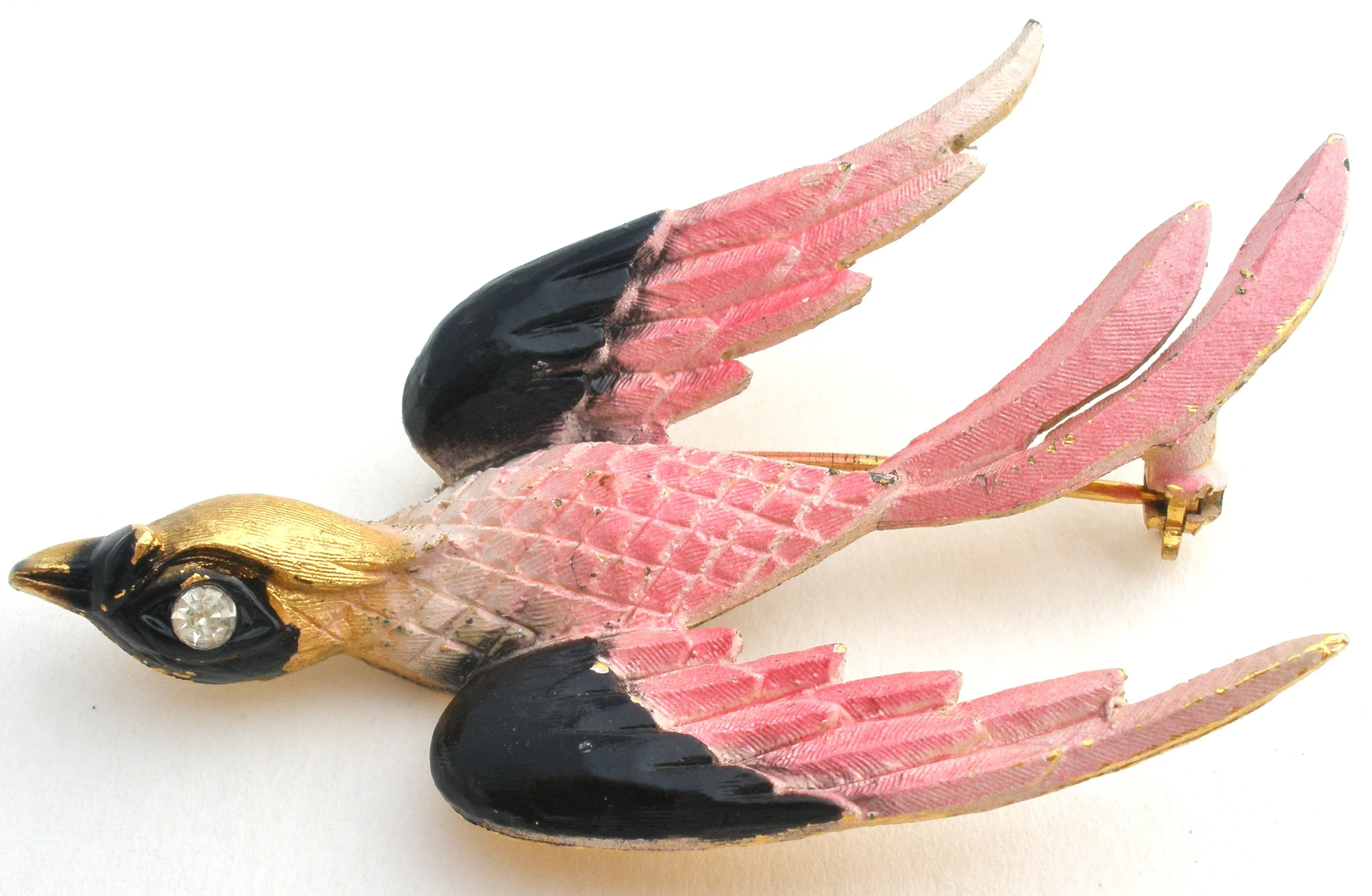 Pink & Black Swallow Bird Brooch Pin by Mamselle Vintage