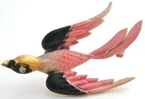 Pink & Black Swallow Bird Brooch Pin by Mamselle Vintage