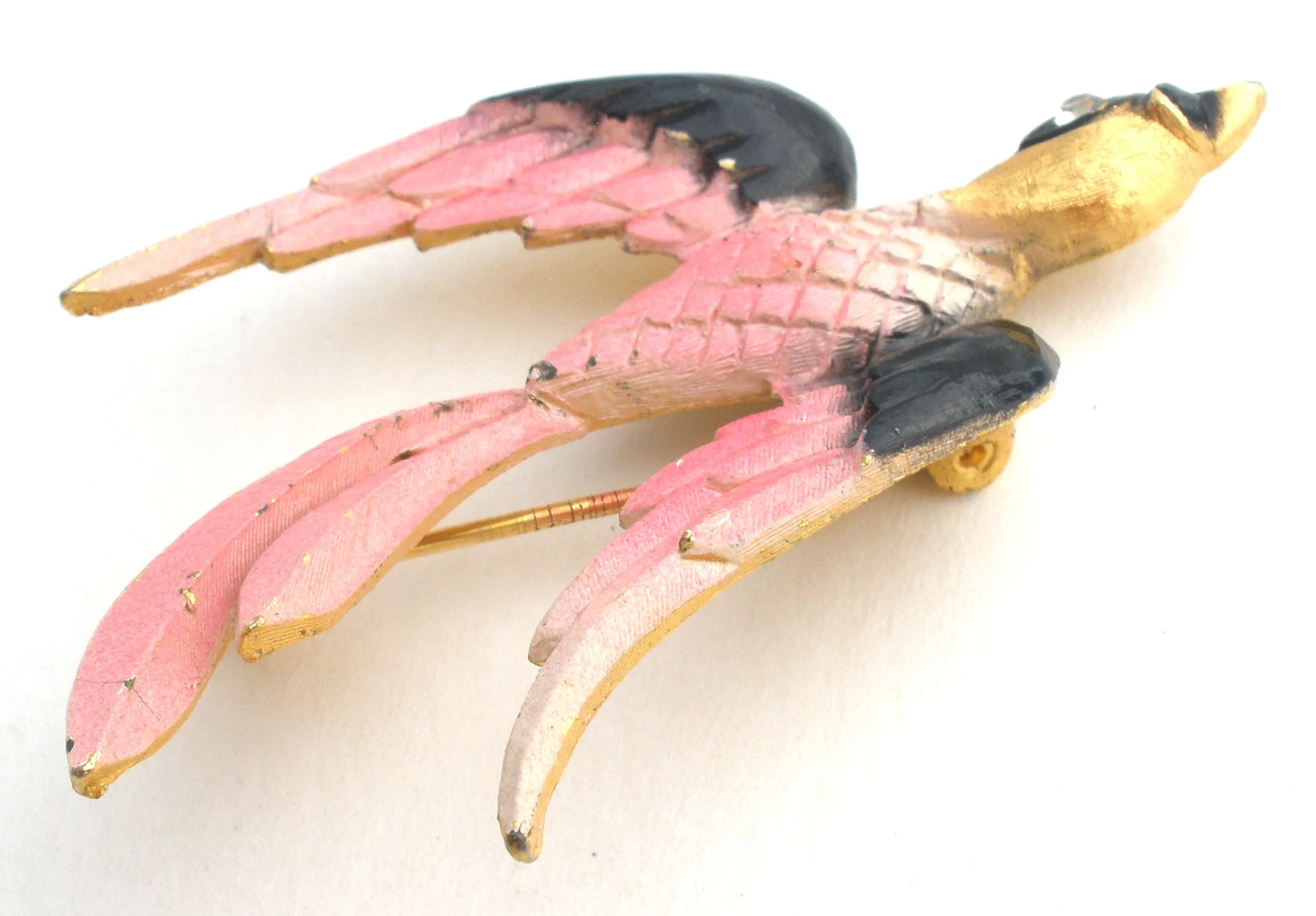 Pink & Black Swallow Bird Brooch Pin by Mamselle Vintage