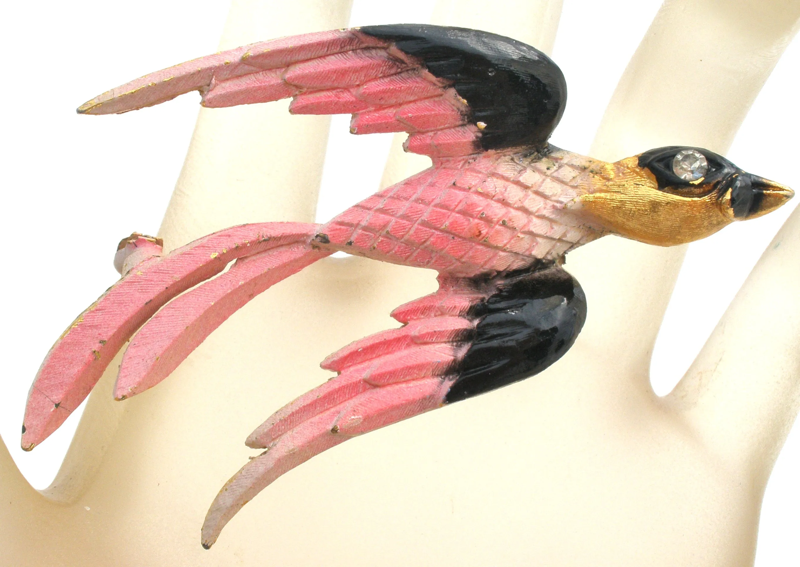 Pink & Black Swallow Bird Brooch Pin by Mamselle Vintage