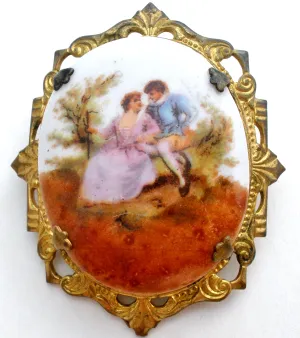 Romantic Couple Miniature Portrait Brooch Vintage