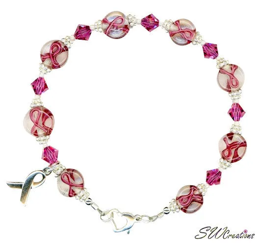 Rose Crystal Lampwork Bali Breast Cancer Beaded Bracelets