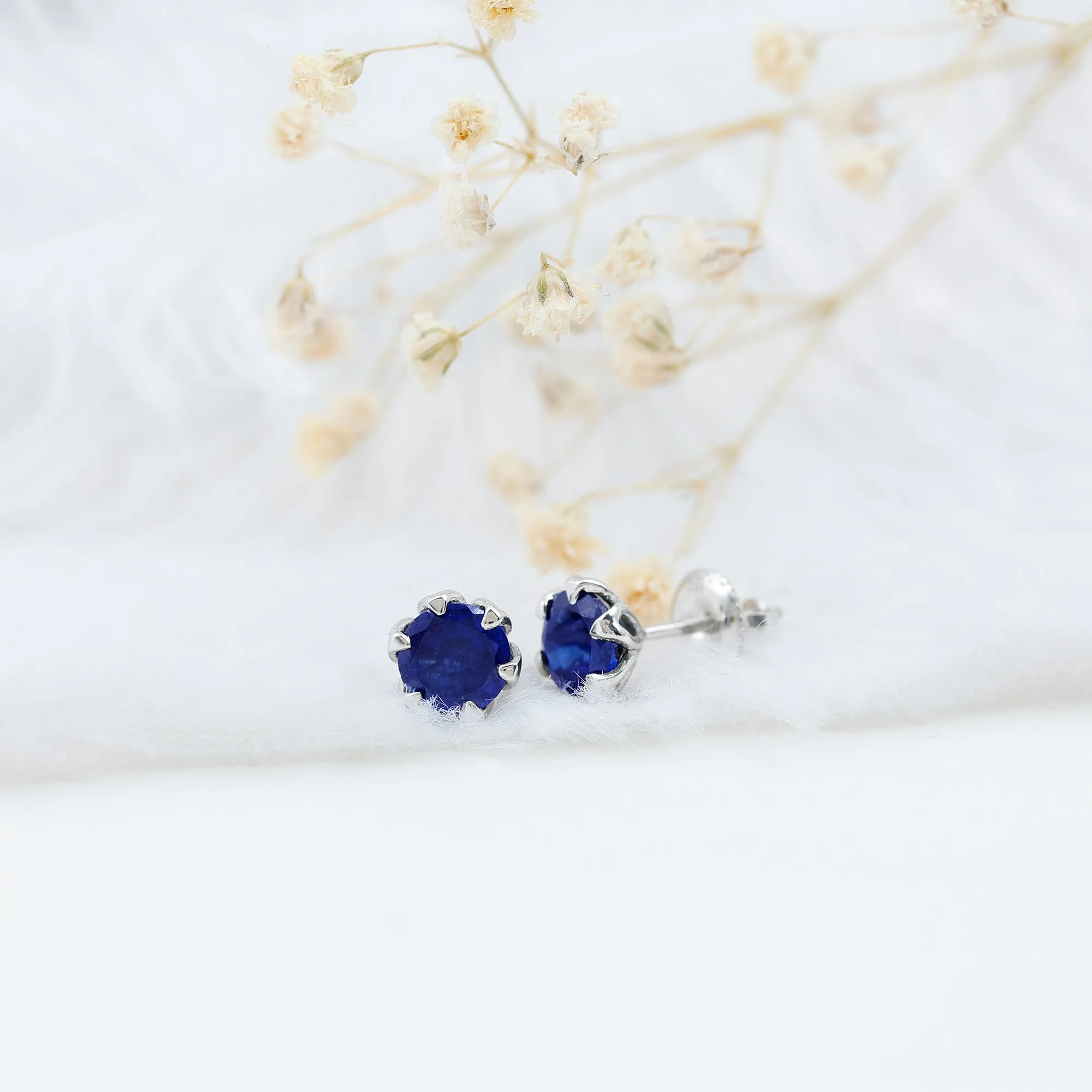 Round Cut Created Blue Sapphire Solitaire Stud Earrings