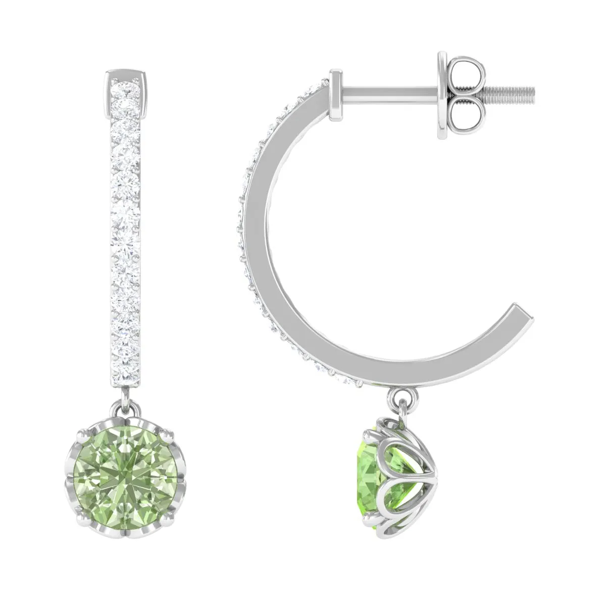 Round Green Sapphire Hoop Drop Earrings with Diamond