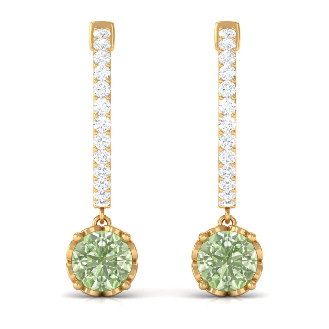 Round Green Sapphire Hoop Drop Earrings with Diamond