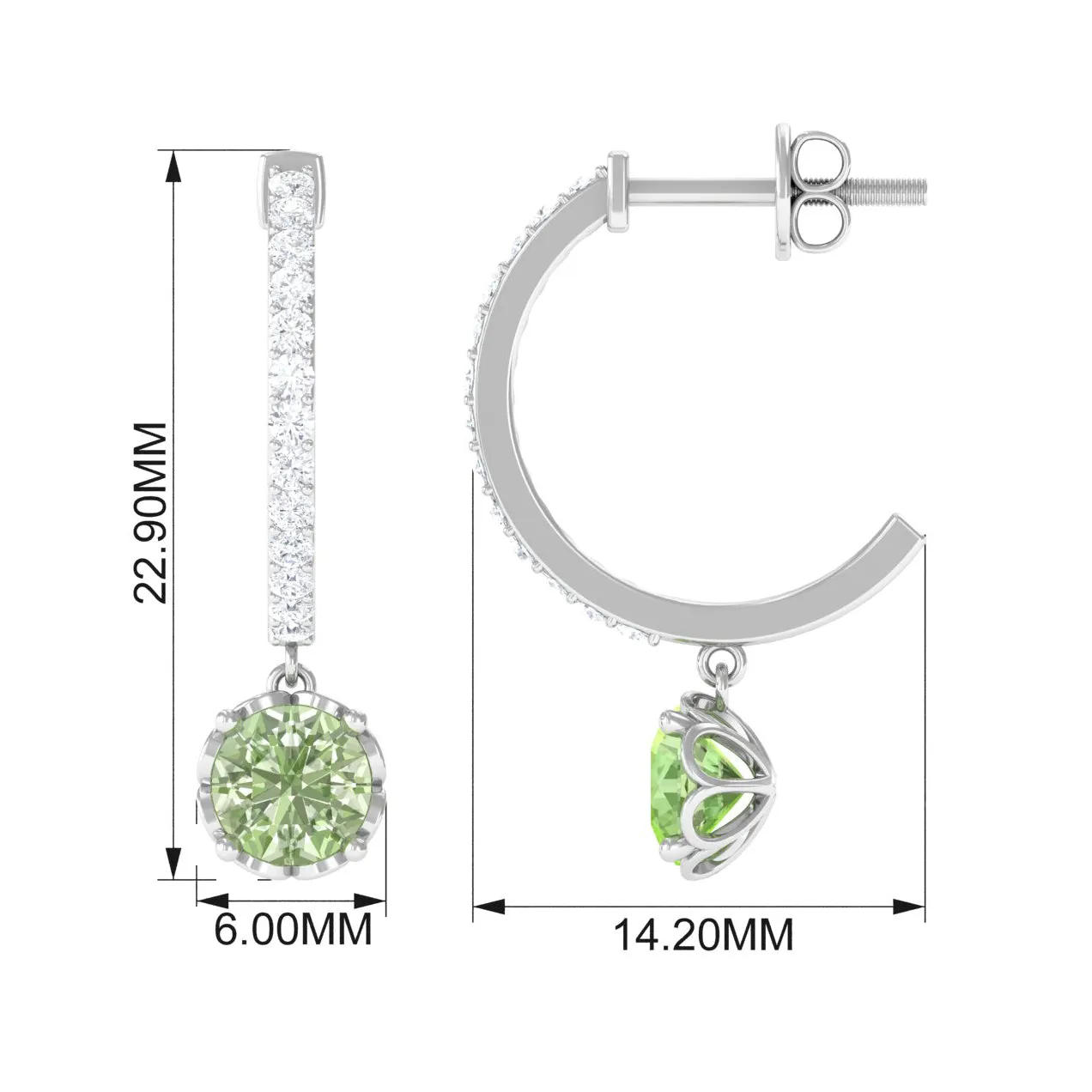 Round Green Sapphire Hoop Drop Earrings with Diamond