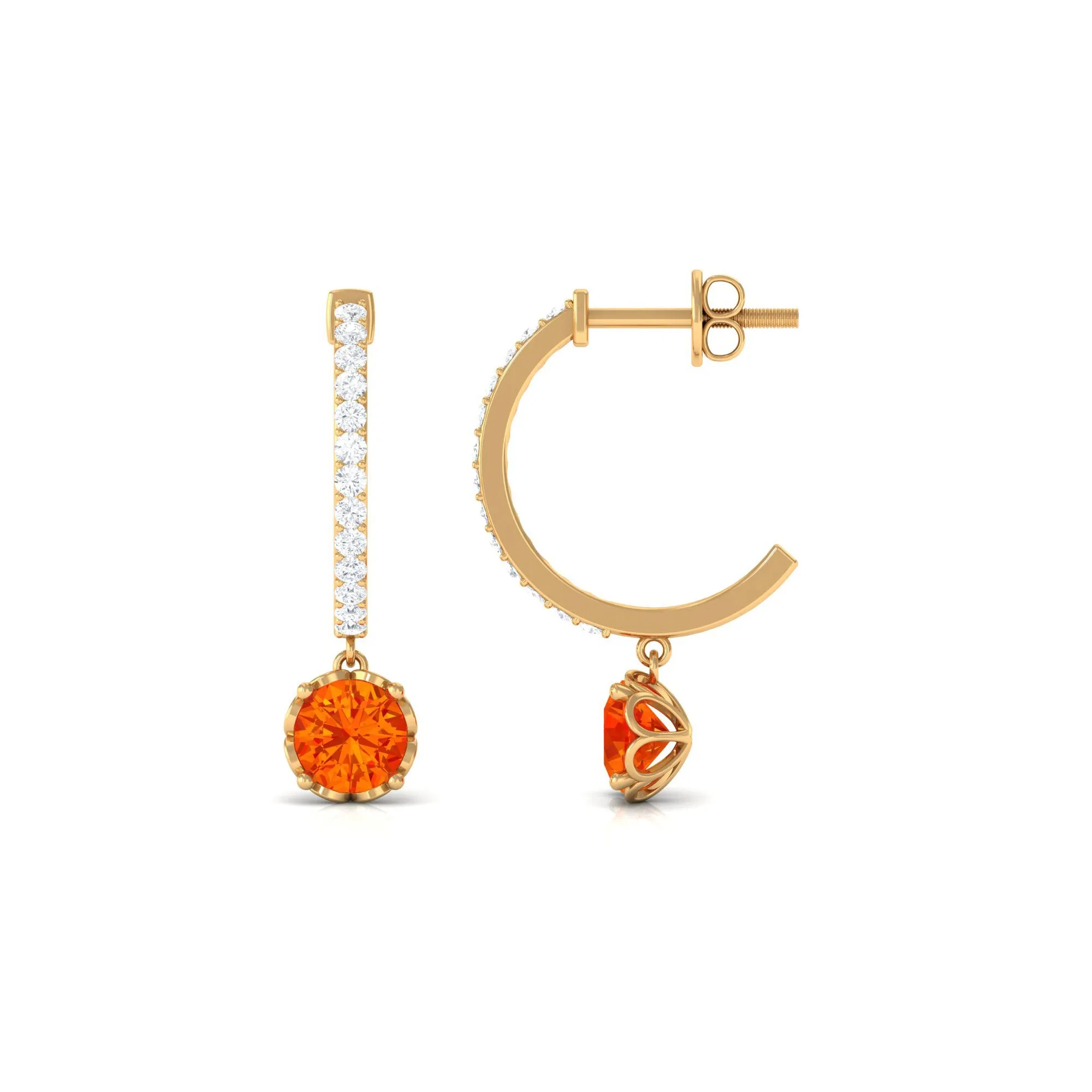 Round Orange Sapphire Hoop Drop Earrings with Diamond