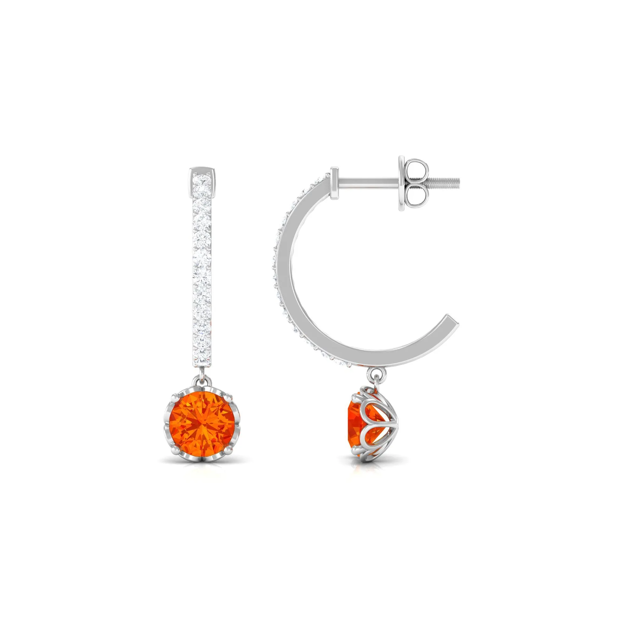 Round Orange Sapphire Hoop Drop Earrings with Diamond