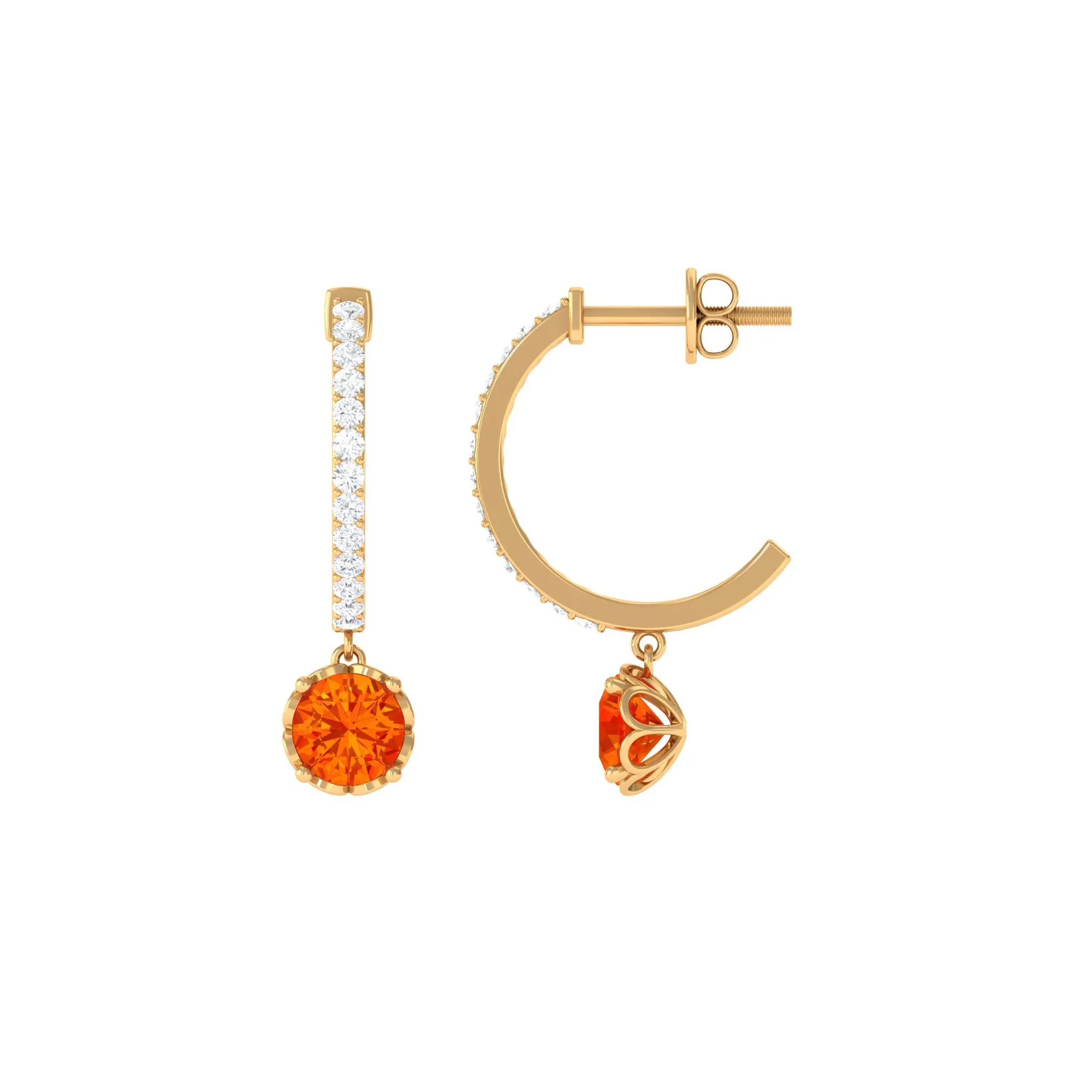 Round Orange Sapphire Hoop Drop Earrings with Diamond