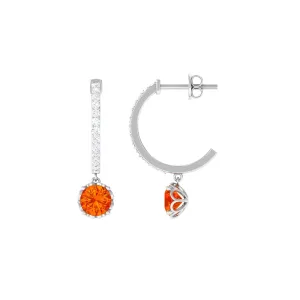 Round Orange Sapphire Hoop Drop Earrings with Diamond