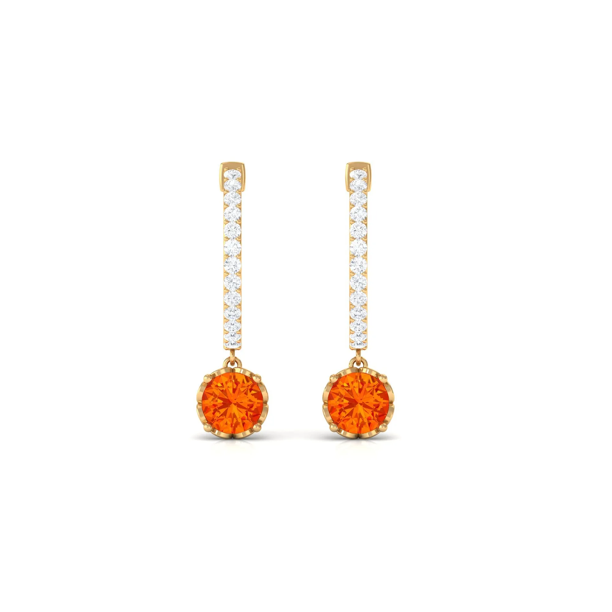 Round Orange Sapphire Hoop Drop Earrings with Diamond