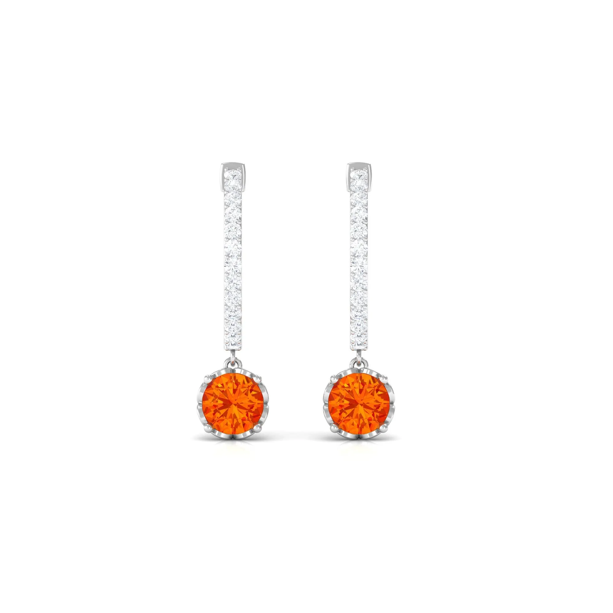 Round Orange Sapphire Hoop Drop Earrings with Diamond