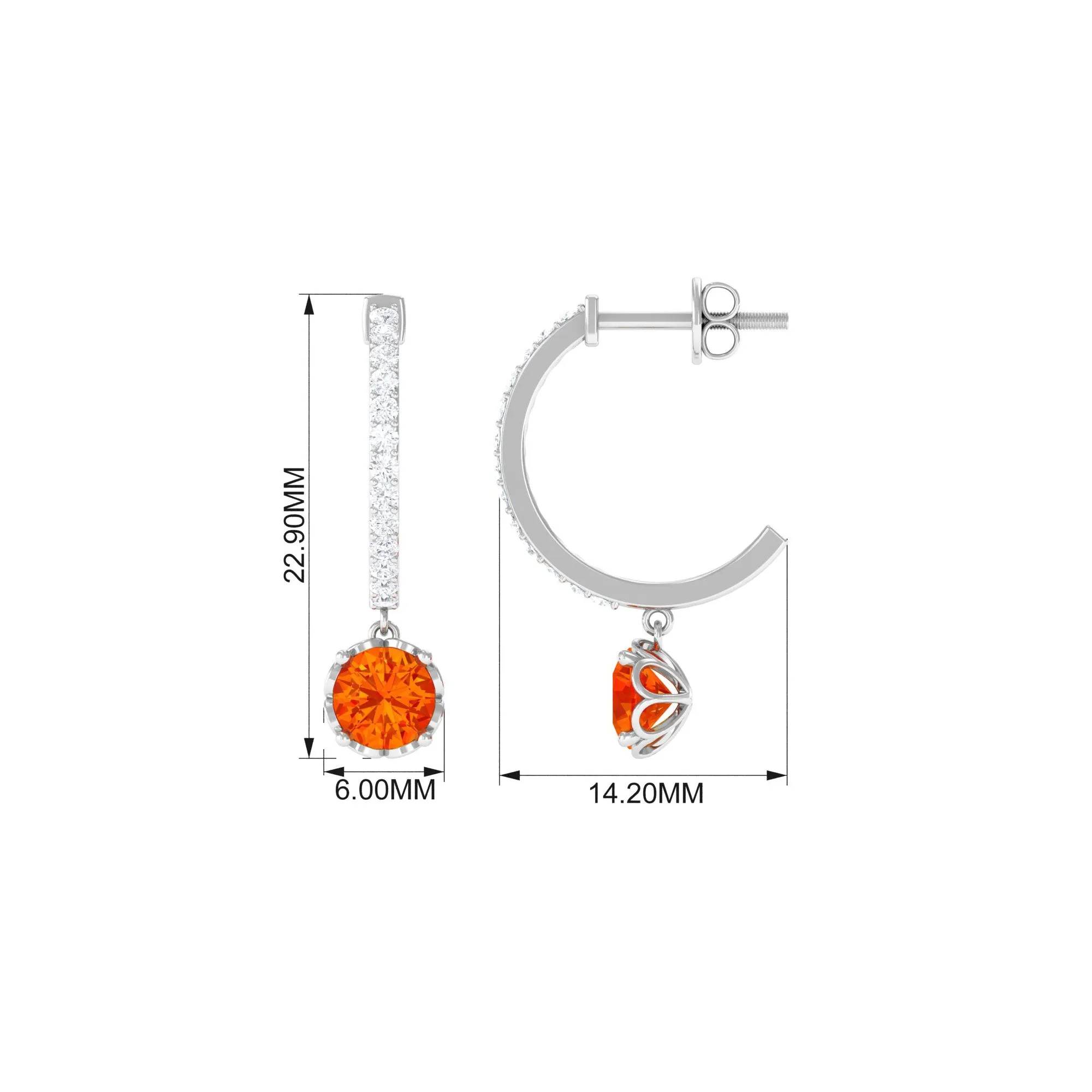 Round Orange Sapphire Hoop Drop Earrings with Diamond