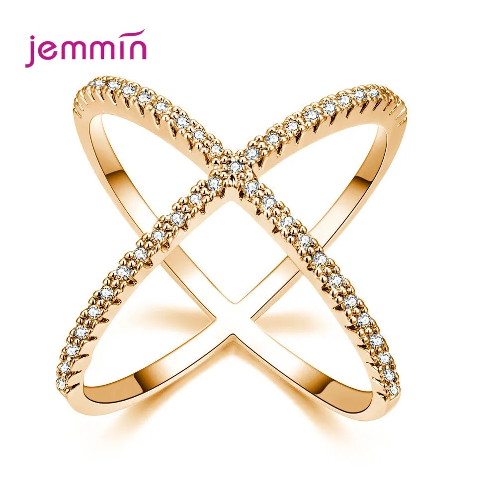 S925 Silver Jewelry X Crossing Finger Ring  Female Fashion Micro Paved CZ Crystal Rings Infinity Sign Women Silver Rings Party