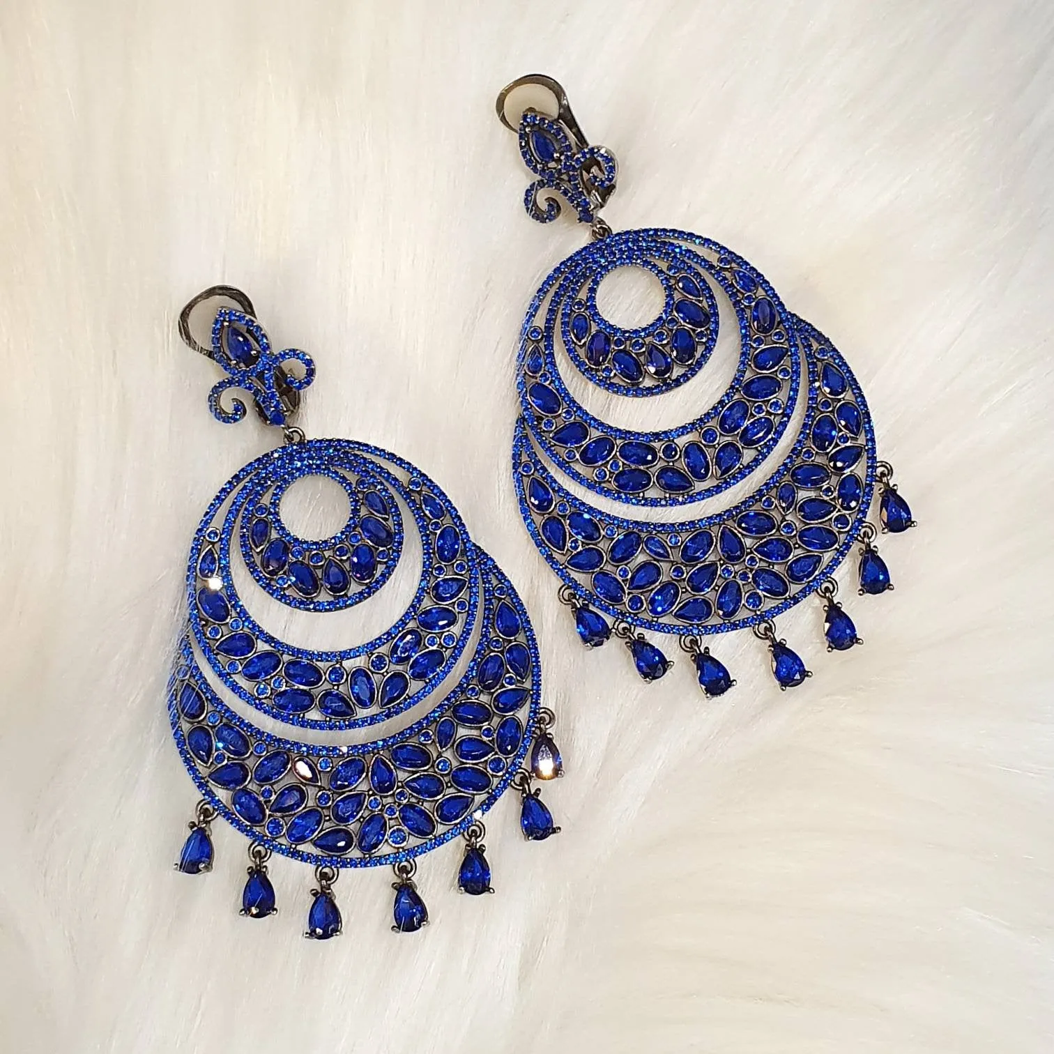 Sapphire Blue Crystal Clip On Earrings by JCM Statement Chandelier