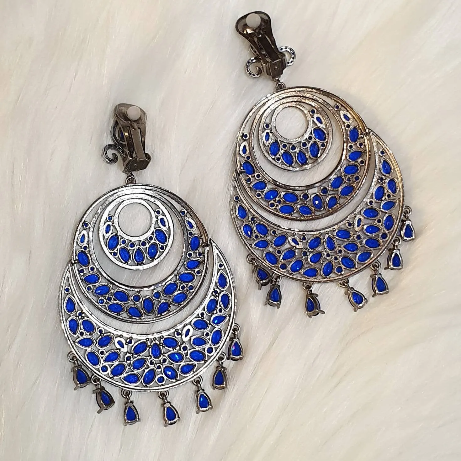 Sapphire Blue Crystal Clip On Earrings by JCM Statement Chandelier