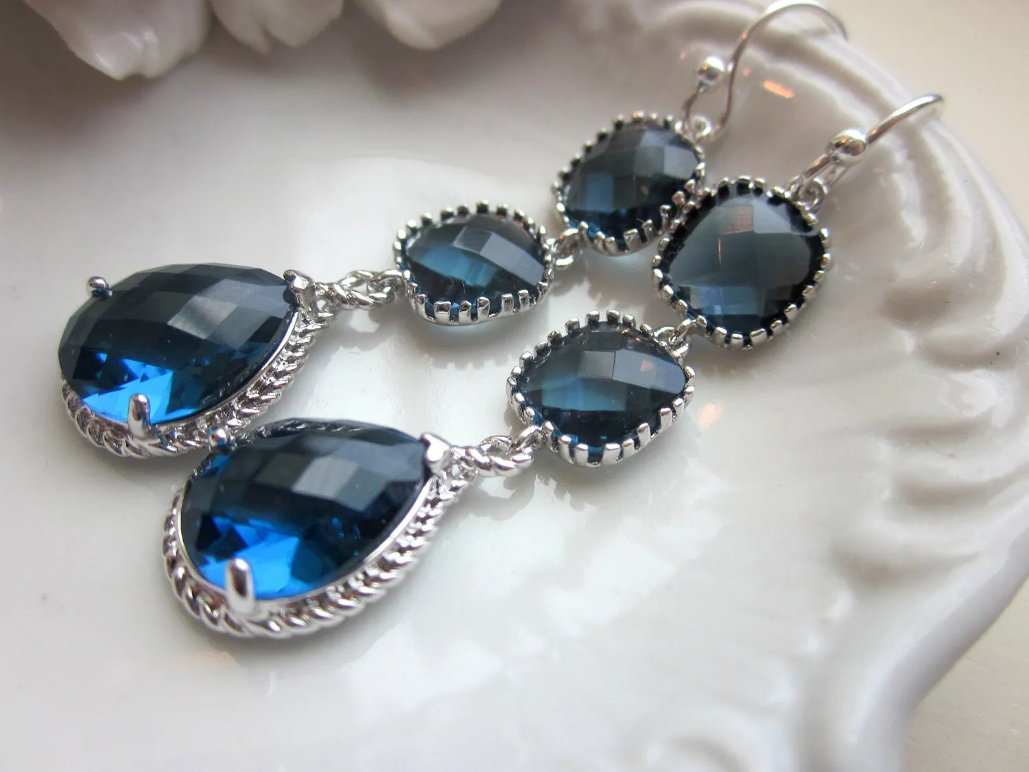 Sapphire Earrings Navy Blue Silver Plated Three Tier - Bridesmaid Earrings - Wedding Earrings - Bridal Earrings - Valentines Day Gift