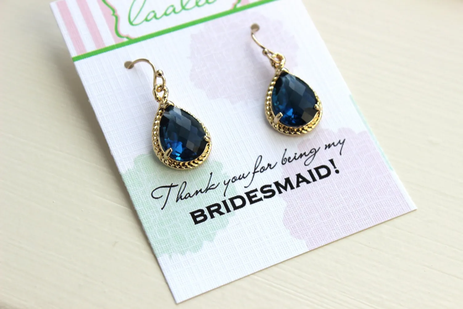 Sapphire Earrings Navy Blue Teardrop Gold - Bridesmaid Earrings - Bridesmaid Thank You Note Card - Sapphire Wedding Jewelry - Something Blue