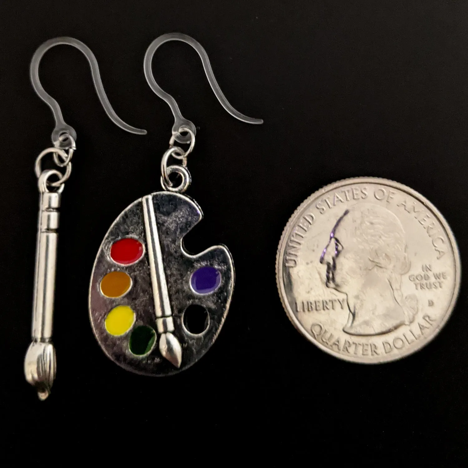 Silver Paint Brush & Palette Dangles Hypoallergenic Earrings for Sensitive Ears Made with Plastic Posts