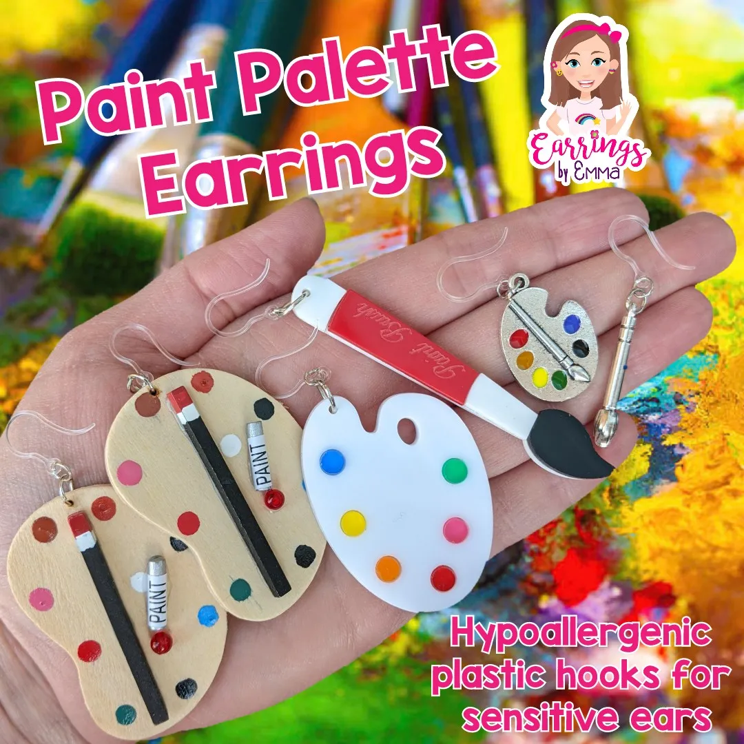 Silver Paint Brush & Palette Dangles Hypoallergenic Earrings for Sensitive Ears Made with Plastic Posts