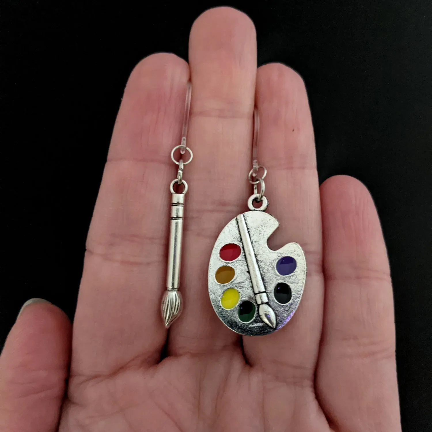 Silver Paint Brush & Palette Dangles Hypoallergenic Earrings for Sensitive Ears Made with Plastic Posts