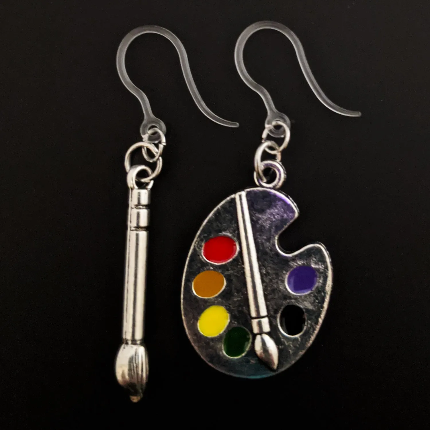 Silver Paint Brush & Palette Dangles Hypoallergenic Earrings for Sensitive Ears Made with Plastic Posts