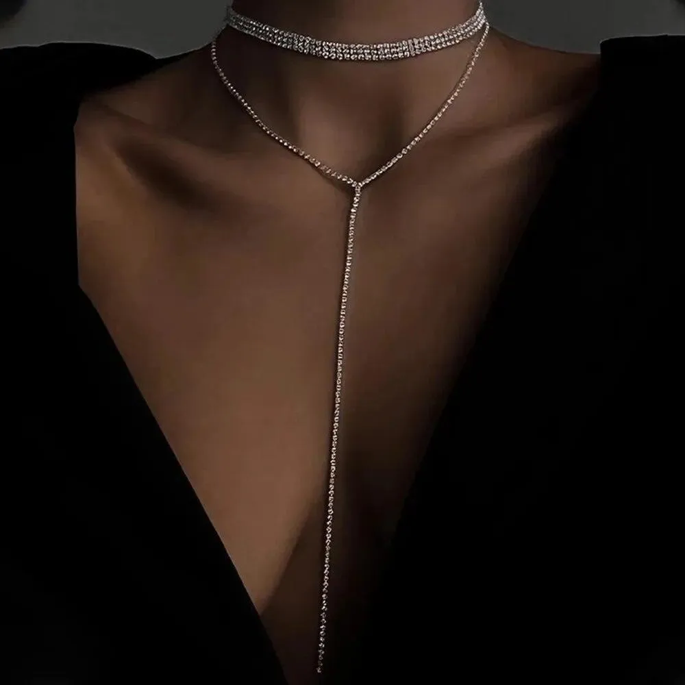 Simple Rhinestone Long Tassel Choker Necklace