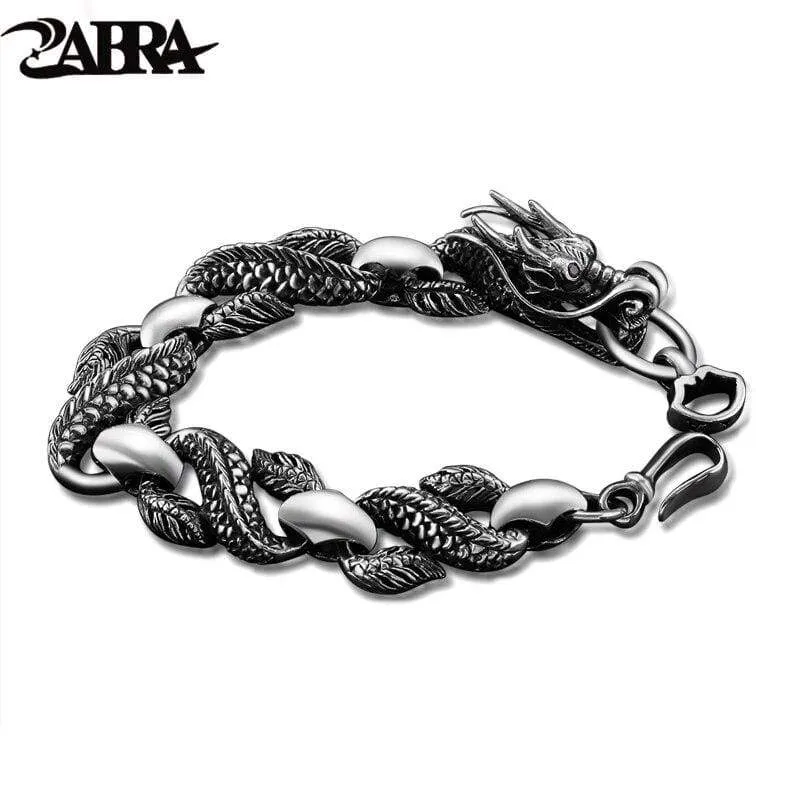 Solid 925 Sterling Silver Dragon Red Zircon Stone Eye Bracelet for Men Vintage Thai Handmade Exaggerated Men Jewelry