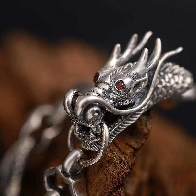 Solid 925 Sterling Silver Dragon Red Zircon Stone Eye Bracelet for Men Vintage Thai Handmade Exaggerated Men Jewelry