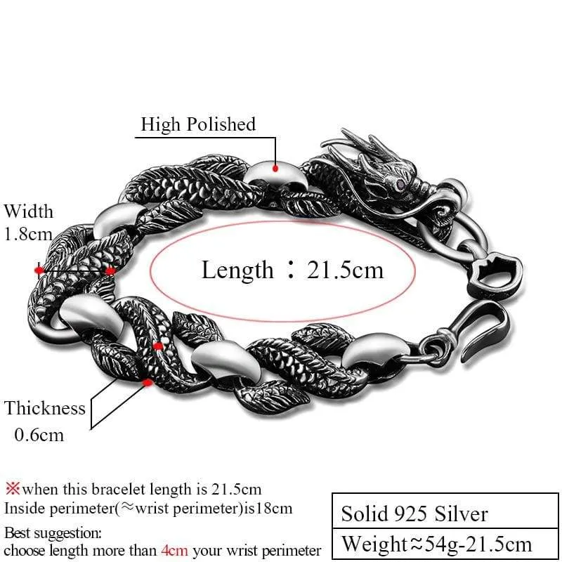 Solid 925 Sterling Silver Dragon Red Zircon Stone Eye Bracelet for Men Vintage Thai Handmade Exaggerated Men Jewelry