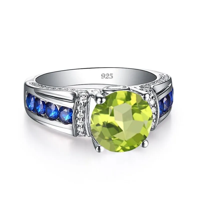 Solitaire Cut Peridot and Sapphire 925 Sterling Silver Ring