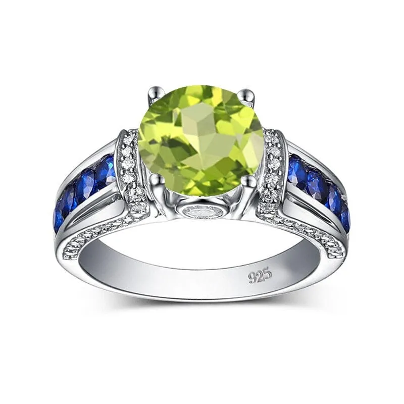 Solitaire Cut Peridot and Sapphire 925 Sterling Silver Ring