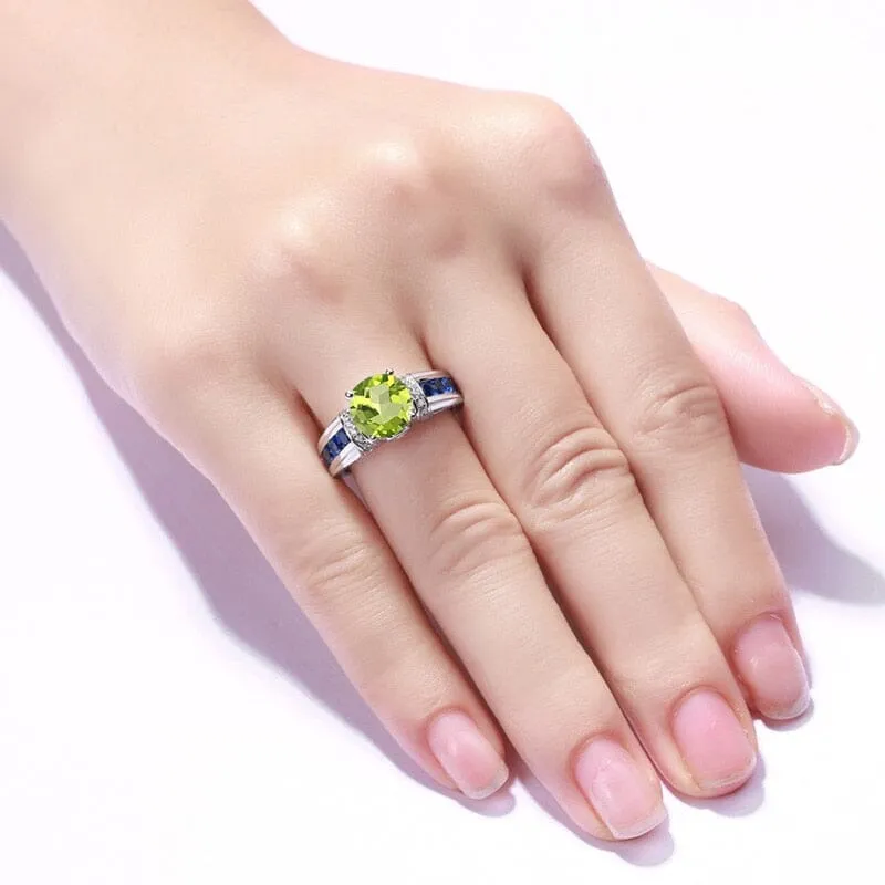 Solitaire Cut Peridot and Sapphire 925 Sterling Silver Ring