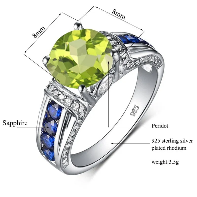 Solitaire Cut Peridot and Sapphire 925 Sterling Silver Ring