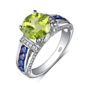 Solitaire Cut Peridot and Sapphire 925 Sterling Silver Ring