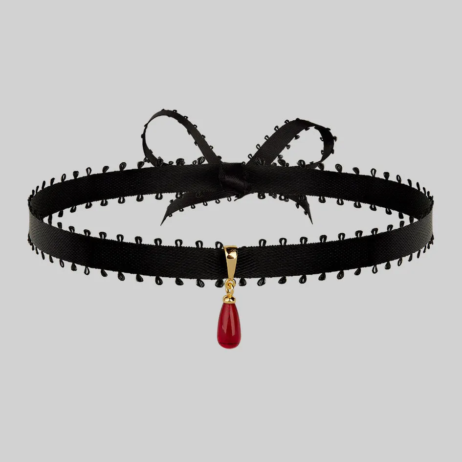 SORROW. Red Glass Droplet Ribbon Choker - Gold