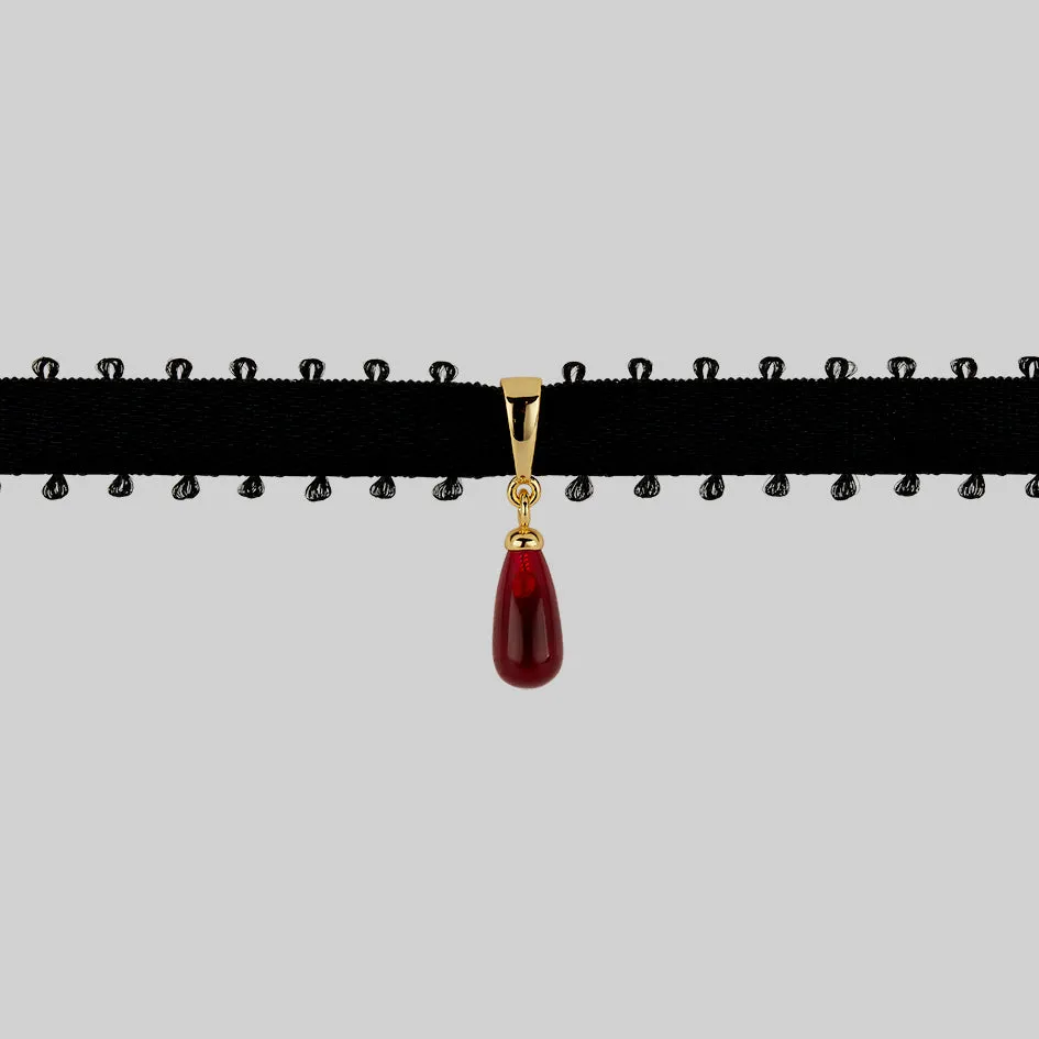 SORROW. Red Glass Droplet Ribbon Choker - Gold