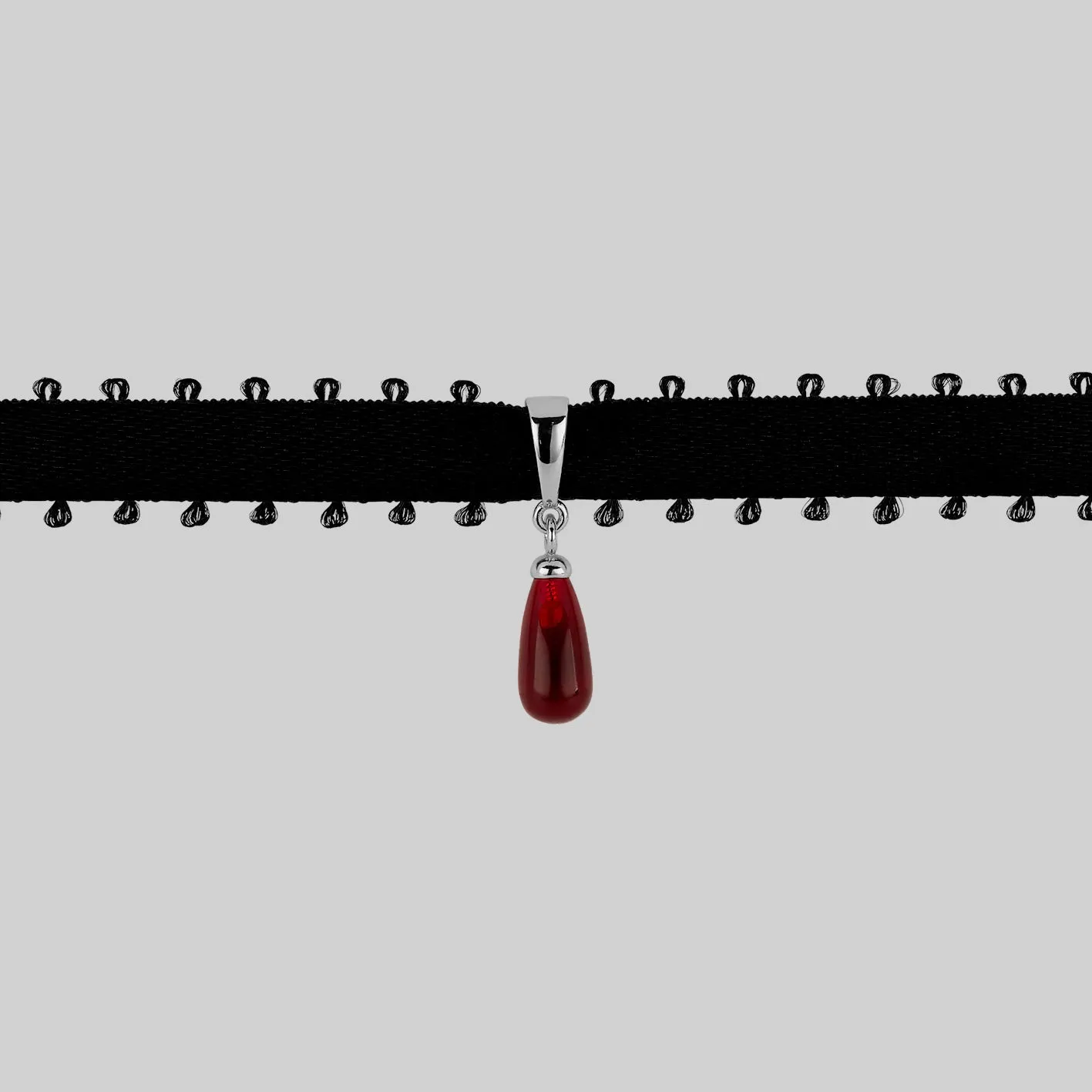 SORROW. Red Glass Droplet Ribbon Choker - Silver