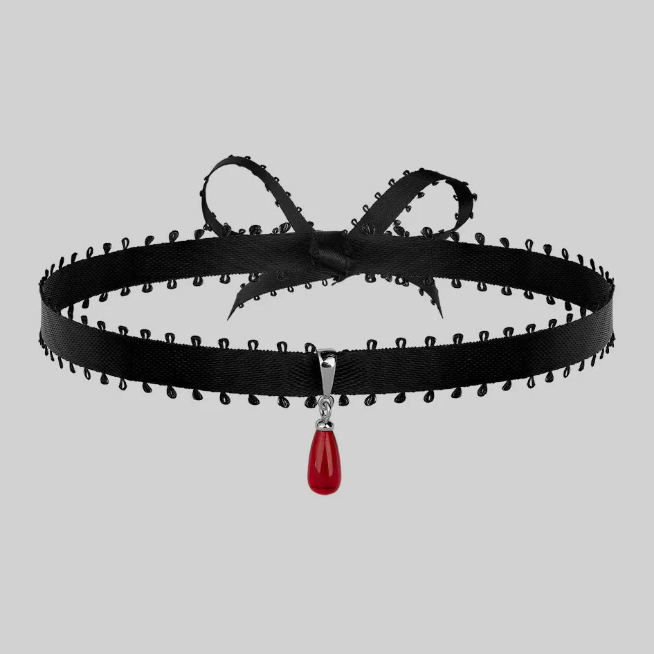 SORROW. Red Glass Droplet Ribbon Choker - Silver