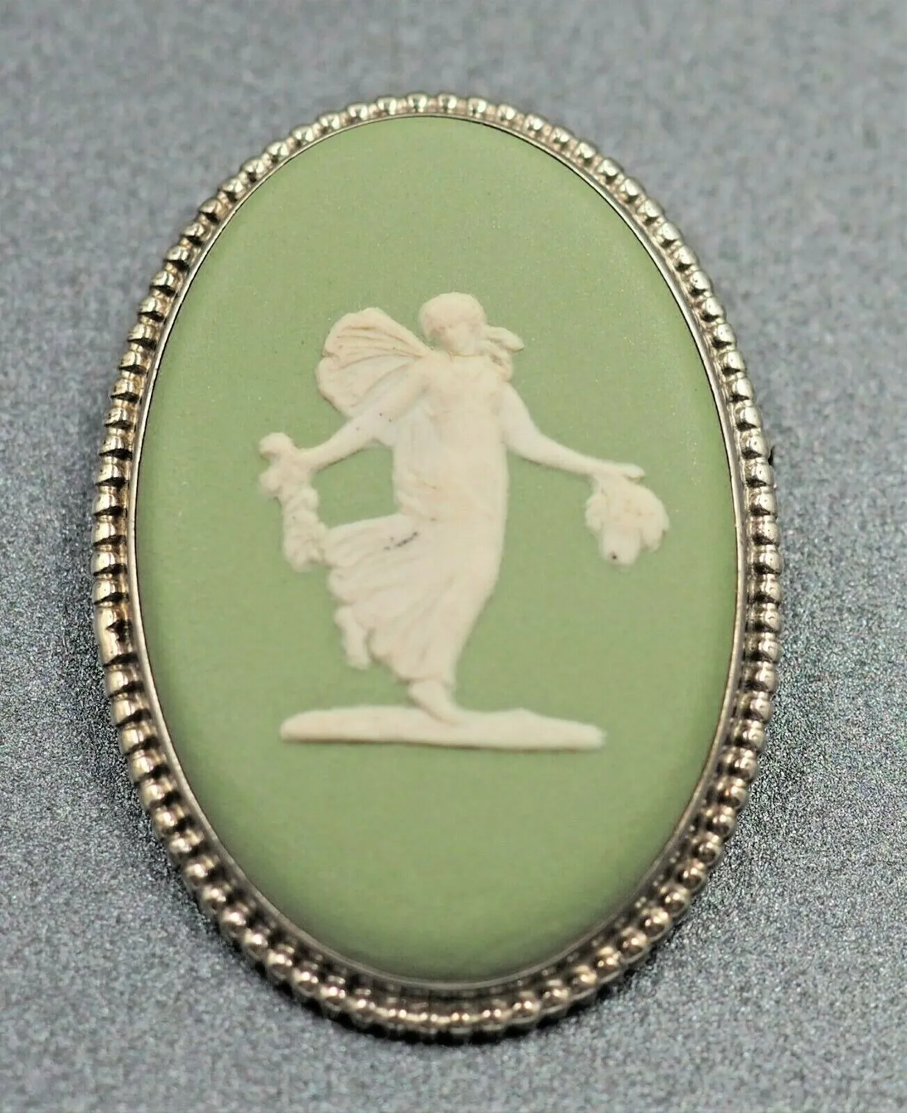 Sterling Silver Green Jasper Cameo Wedgwood Brooch