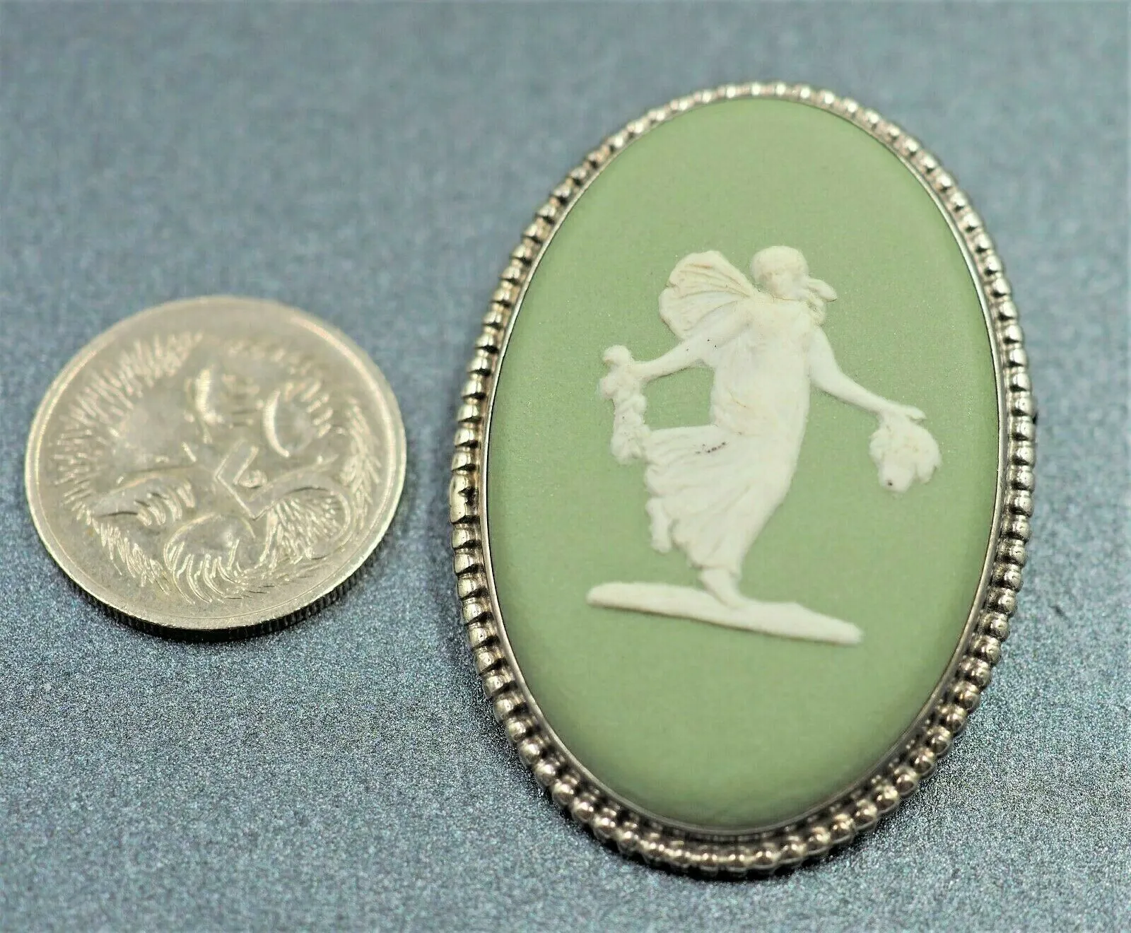 Sterling Silver Green Jasper Cameo Wedgwood Brooch