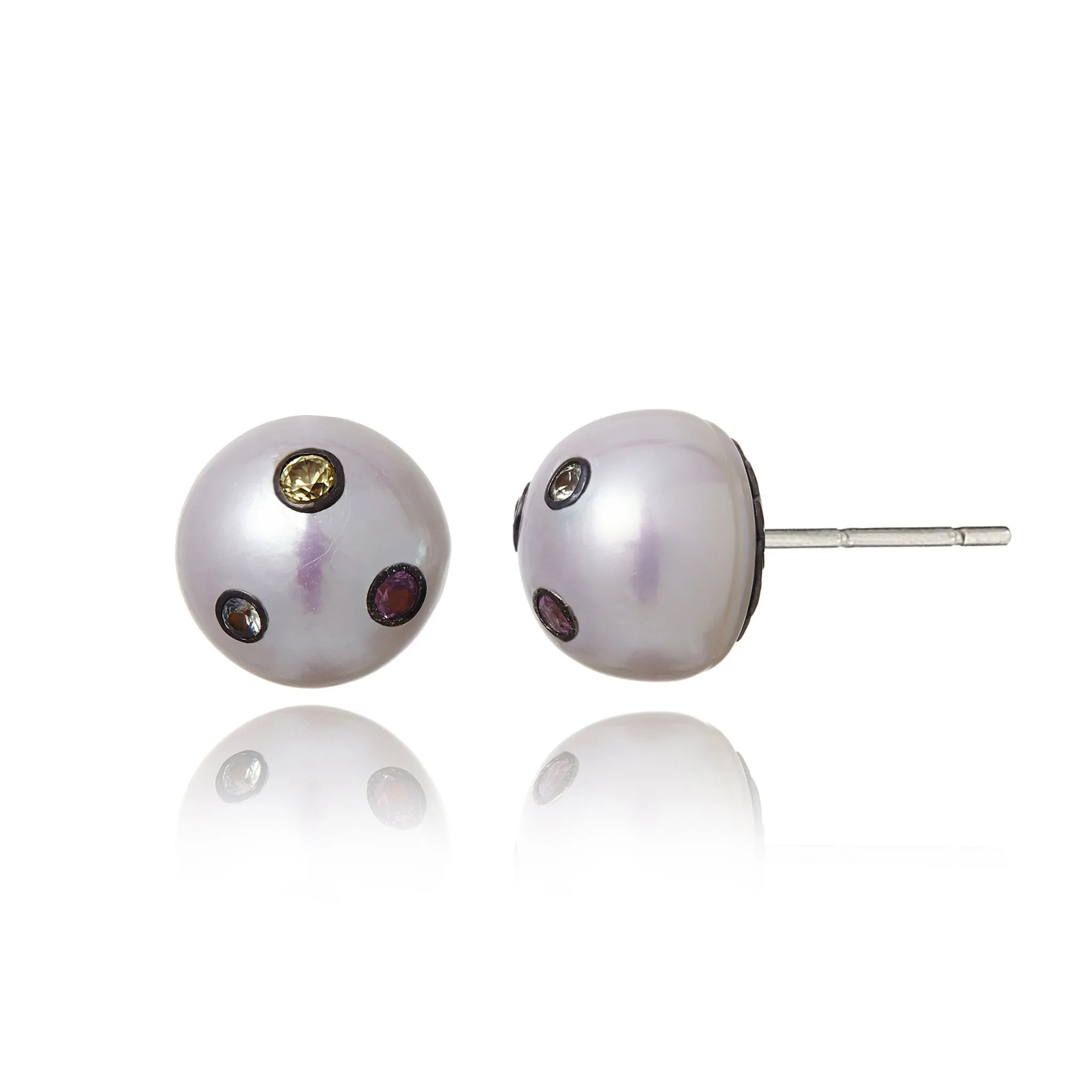 Sterling Silver Stud Earrings with Mixed Sapphires & White Pearls