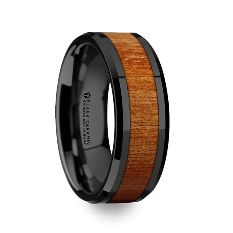 THRACIAN | Black Ceramic Ring, Carpathian Wood Inlay, Beveled