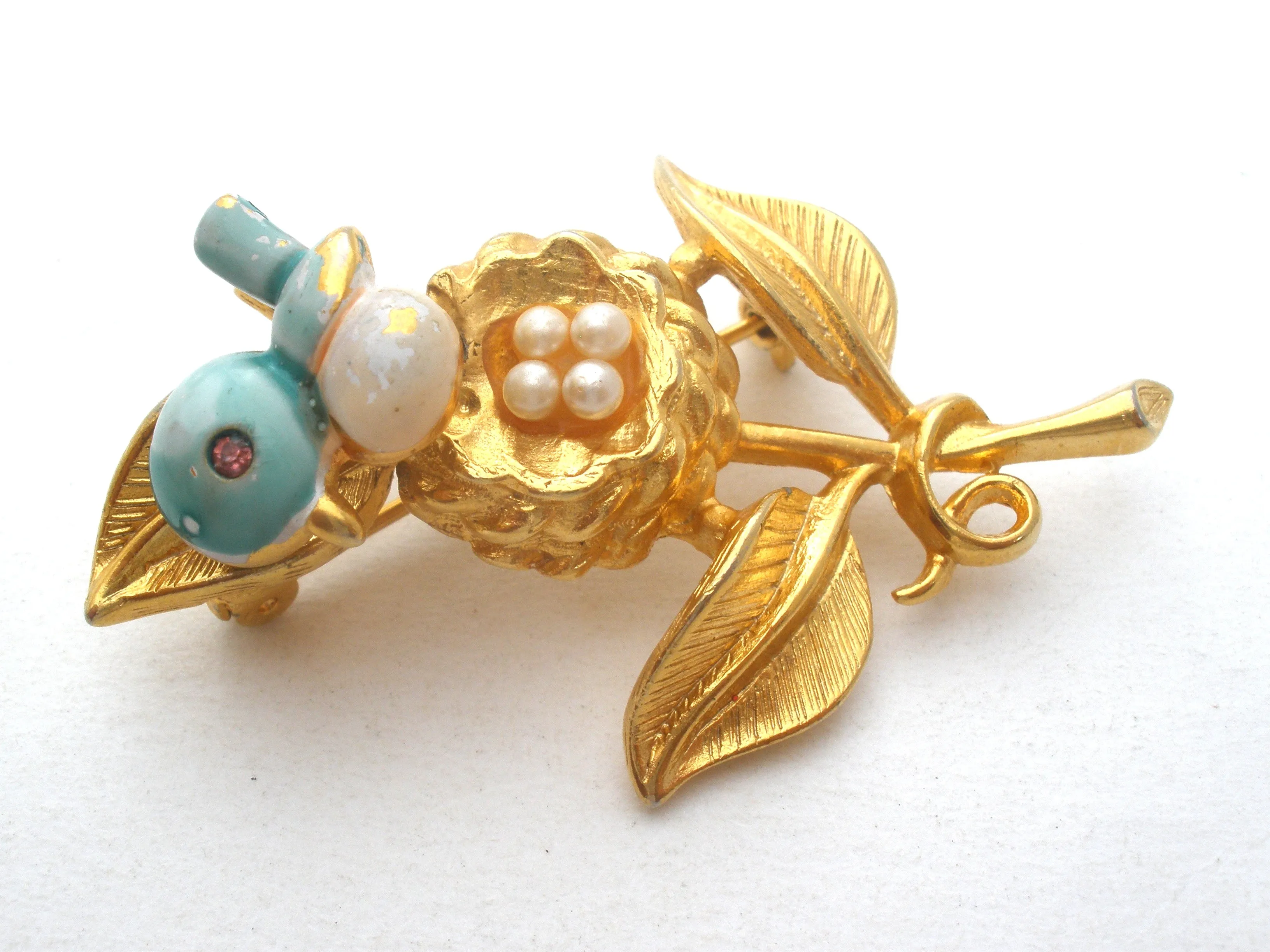 Trembler Bird & Nest Brooch Gold Crown Vintage