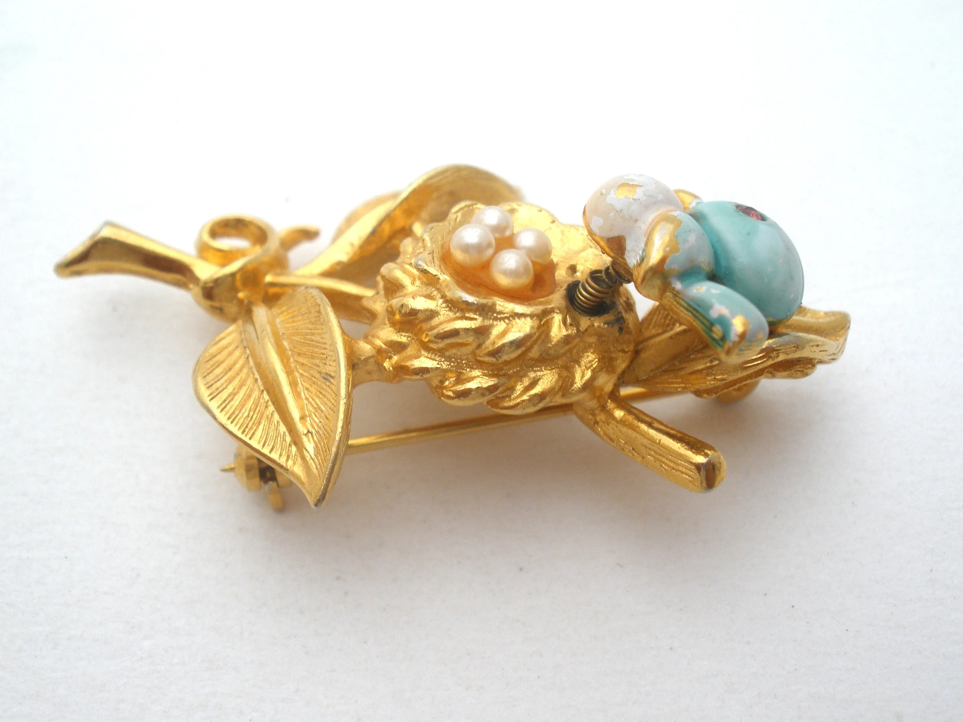 Trembler Bird & Nest Brooch Gold Crown Vintage