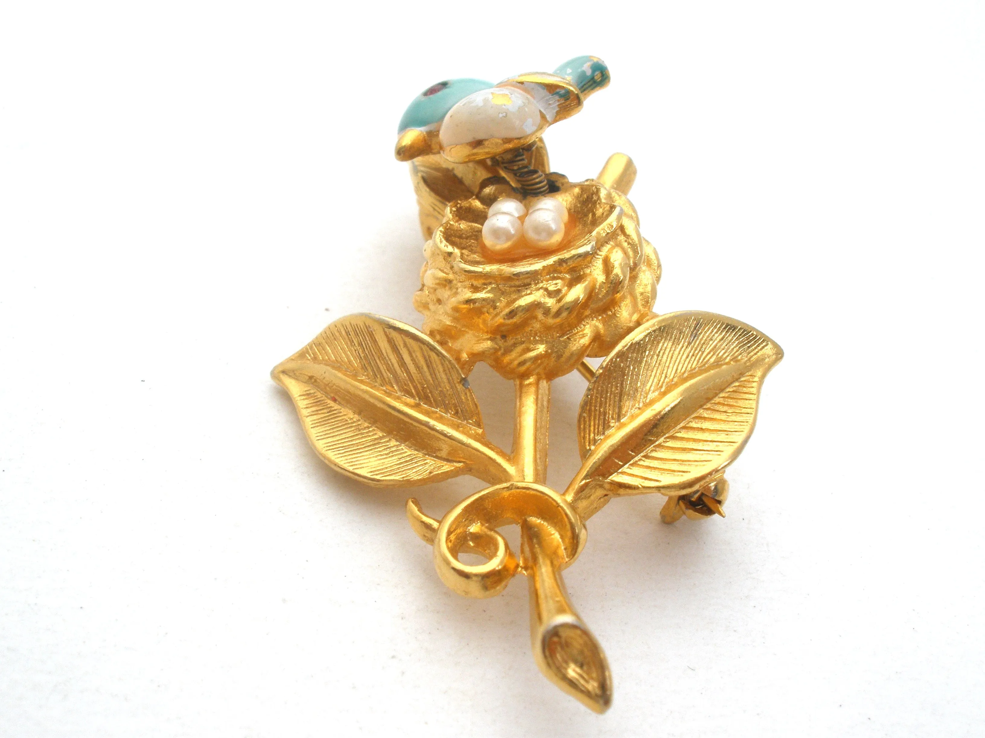 Trembler Bird & Nest Brooch Gold Crown Vintage