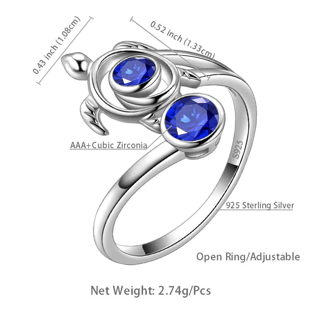 Turtle Birthstone September Sapphire Ring Women Girls Jewelry Birthday Gift Sterling Silver